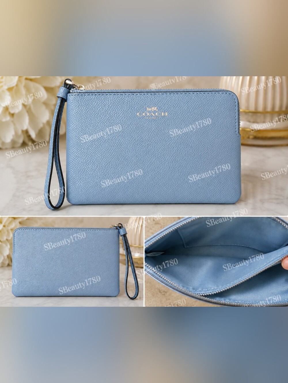 Coach Powder Blue Leather Wristlet Clutch